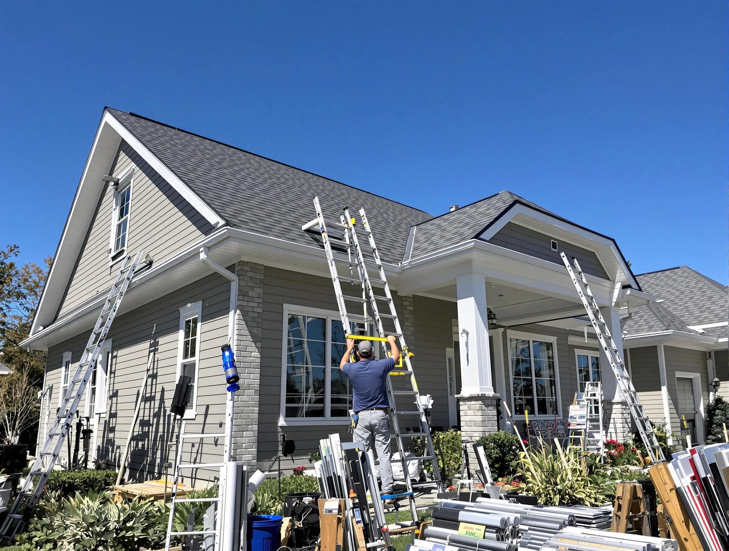 Akron Roofing Company fitting rain gutters at a home in Akron, OH